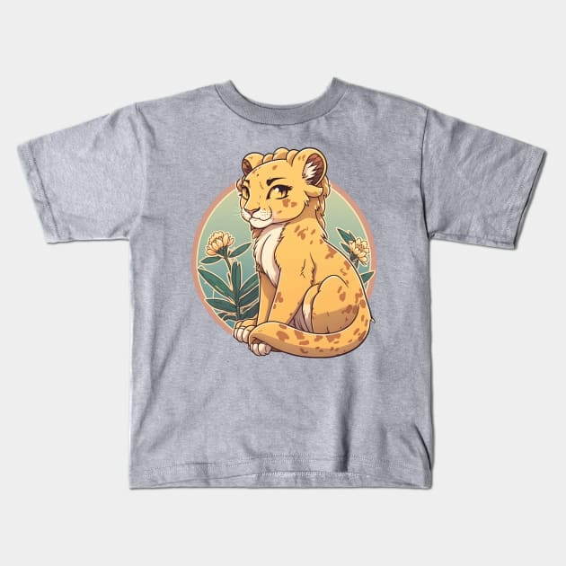 Beautiful lioness in a circle with flowers Kids T-Shirt by Cute Planet Earth Mini